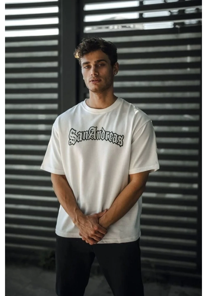 ERKEK Bisiklet Yaka Baskılı Oversize T-Shirt - Beyaz
