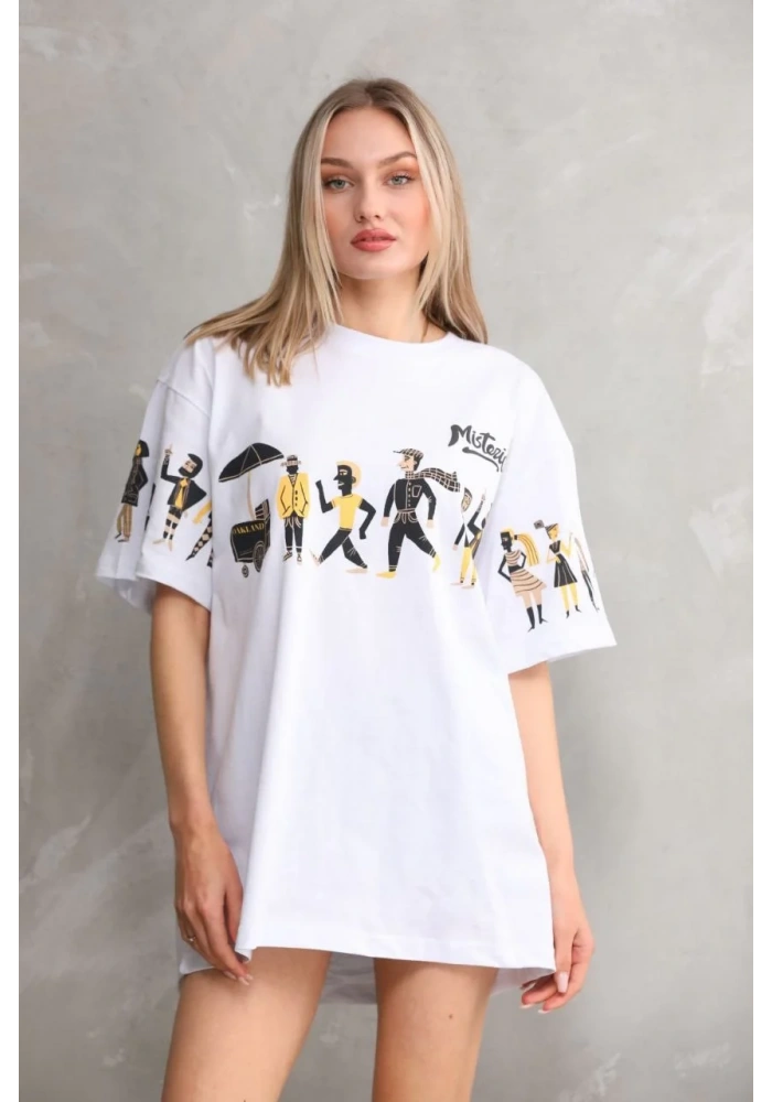 kadın  Bisiklet Yaka Baskılı Oversize T-Shirt - Beyaz