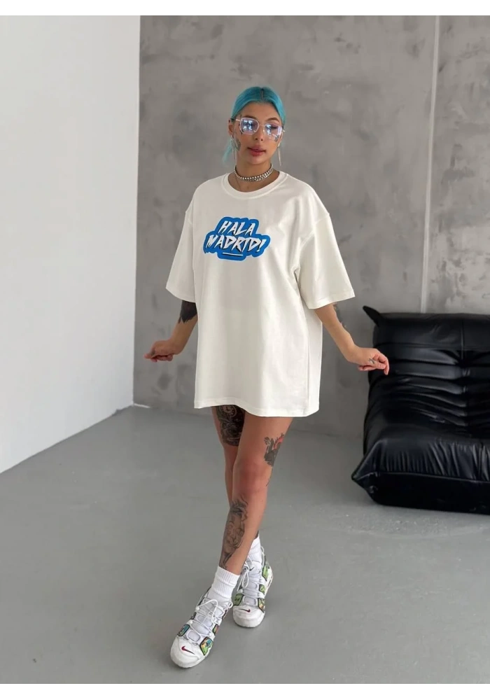 kadın Bisiklet Yaka Baskılı Oversize T-Shirt - Beyaz