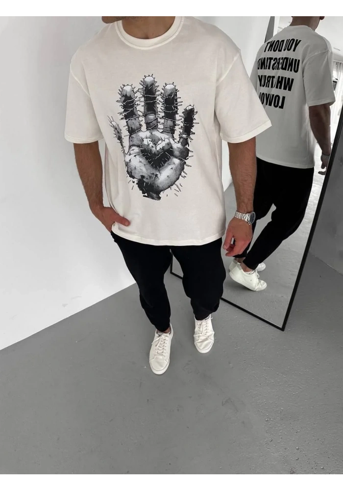 Erkek Bisiklet Yaka Baskılı Oversize T-Shirt - Beyaz