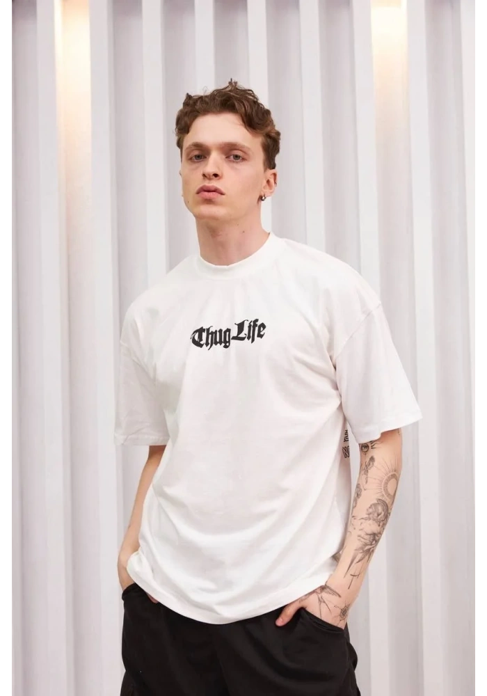 ERKEK Bisiklet Yaka Baskılı Oversize T-Shirt - Beyaz