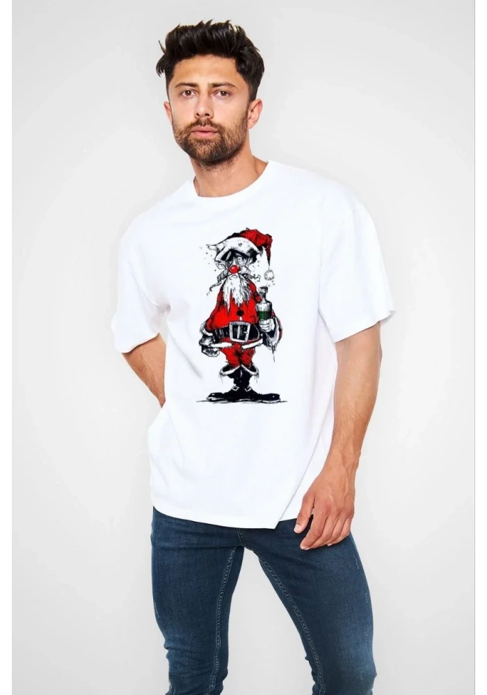 ERKEK Bisiklet Yaka Baskılı Oversize T-Shirt - Beyaz