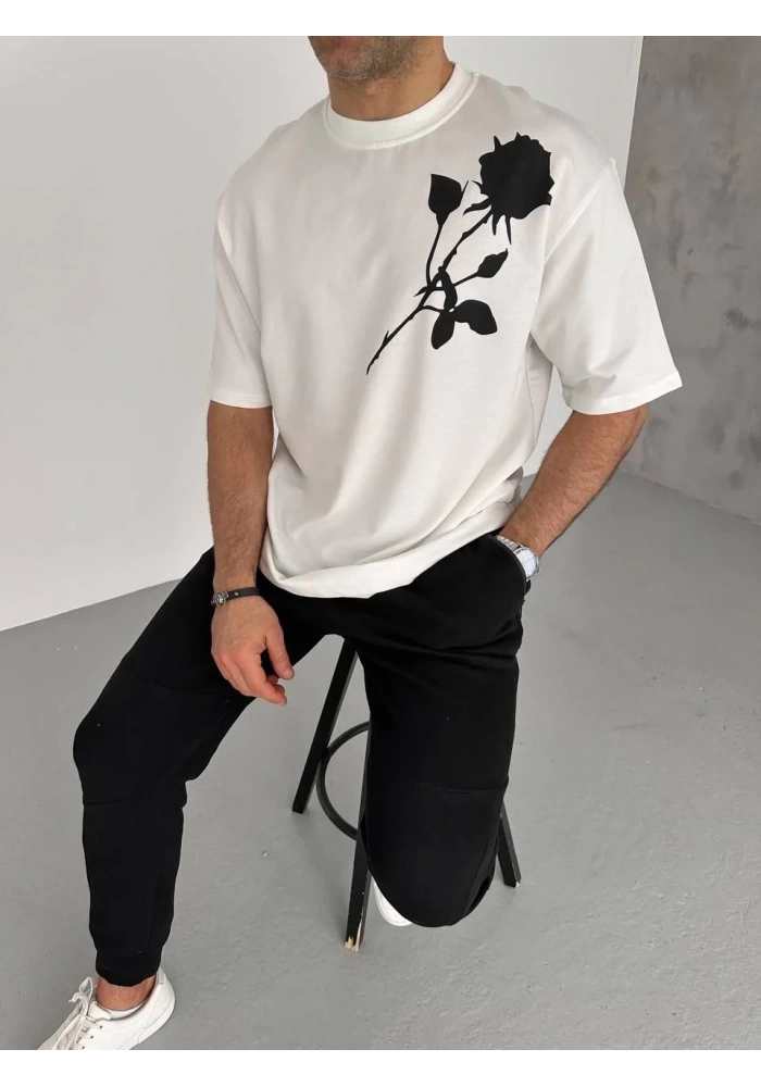 erkek Bisiklet Yaka Baskılı T-Shirt - Beyaz
