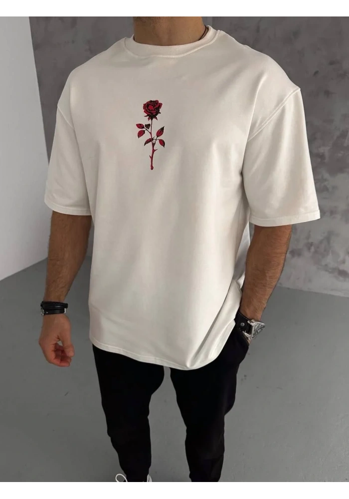 ERKEK Bisiklet Yaka Baskılı Oversize T-Shirt - Beyaz