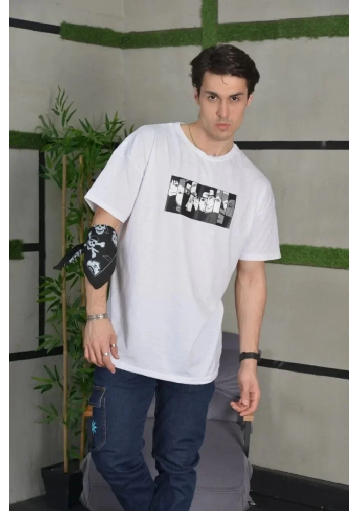 ERKEK Bisiklet Yaka Baskılı Oversize T-Shirt - Beyaz