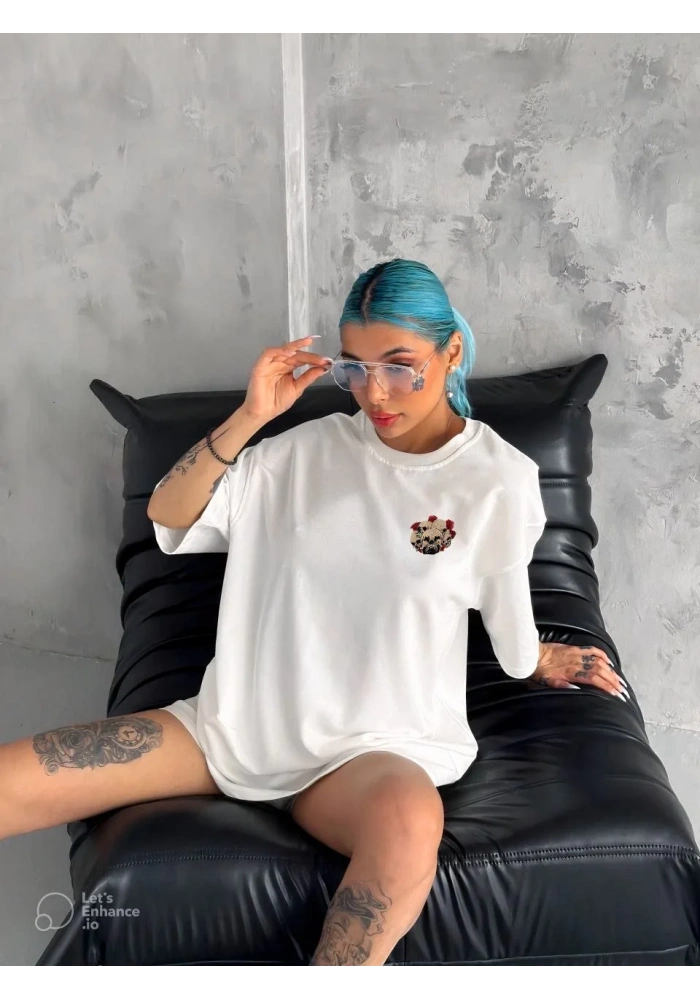 kadın Bisiklet Yaka Baskılı Oversize T-Shirt - Beyaz