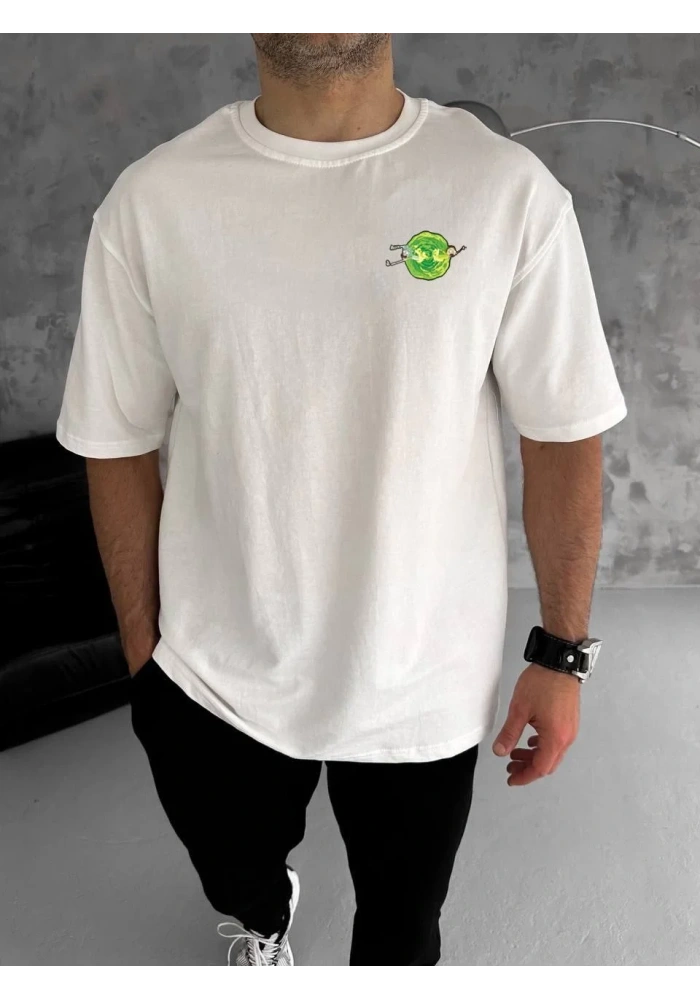 Erkek Bisiklet Yaka Baskılı Oversize T-Shirt - Beyaz