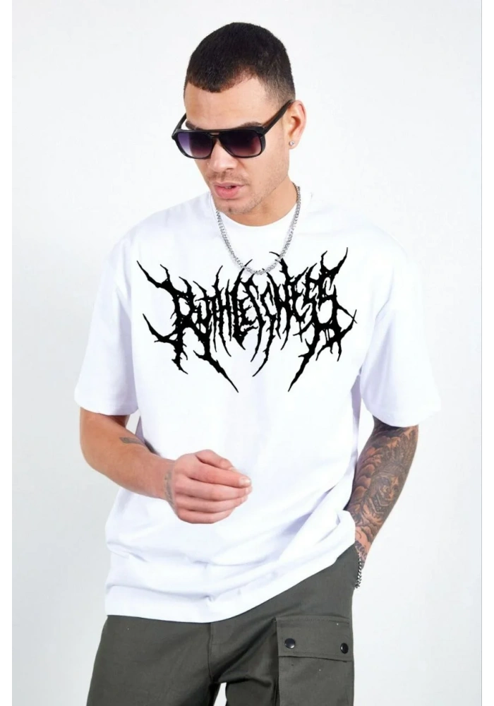 ERKEK Bisiklet Yaka Baskılı Oversize T-Shirt - Beyaz