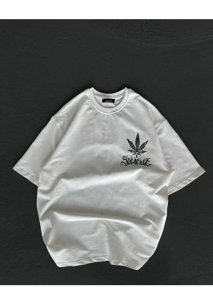 kadın Bisiklet Yaka Baskılı Oversize T-Shirt - Beyaz