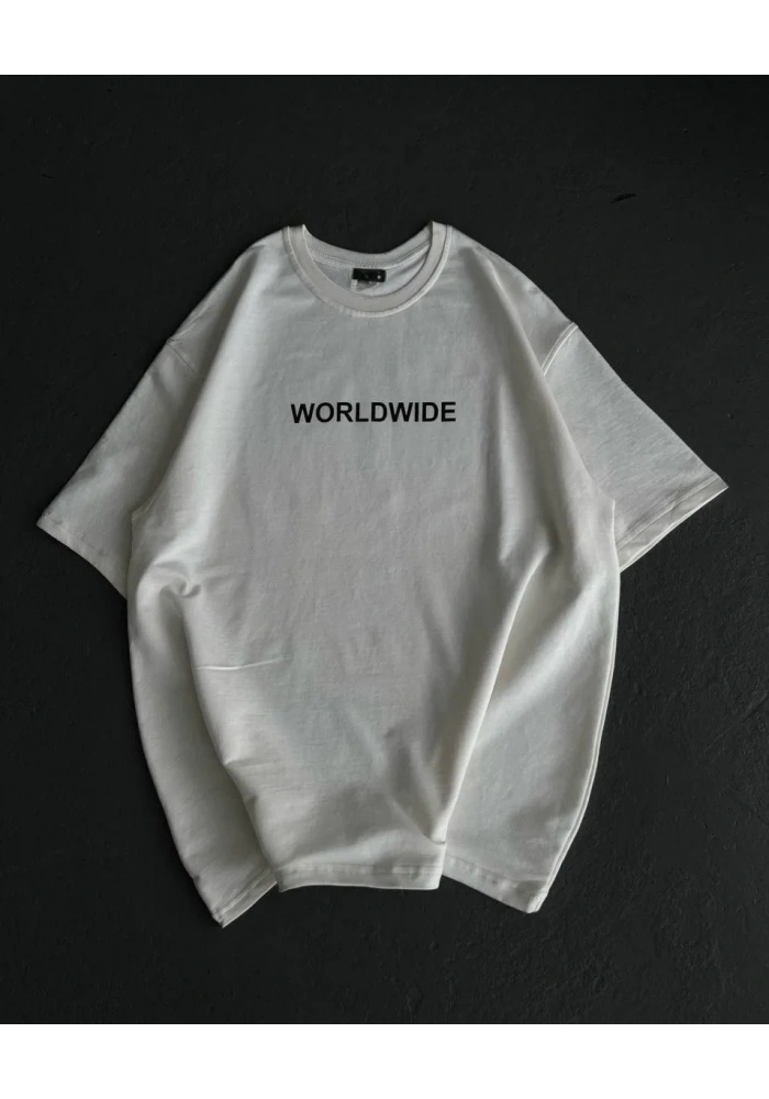 kadın Bisiklet Yaka Baskılı Oversize T-Shirt - Beyaz