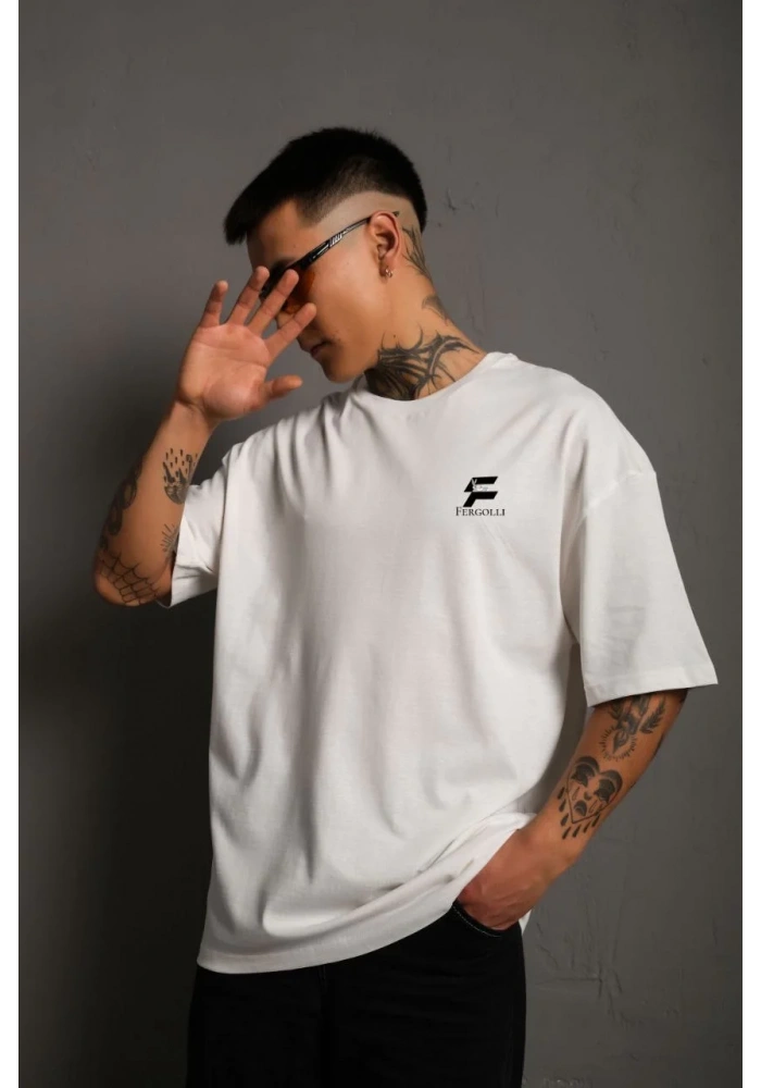Erkek Bisiklet Yaka Baskılı Oversize T-Shirt - Beyaz