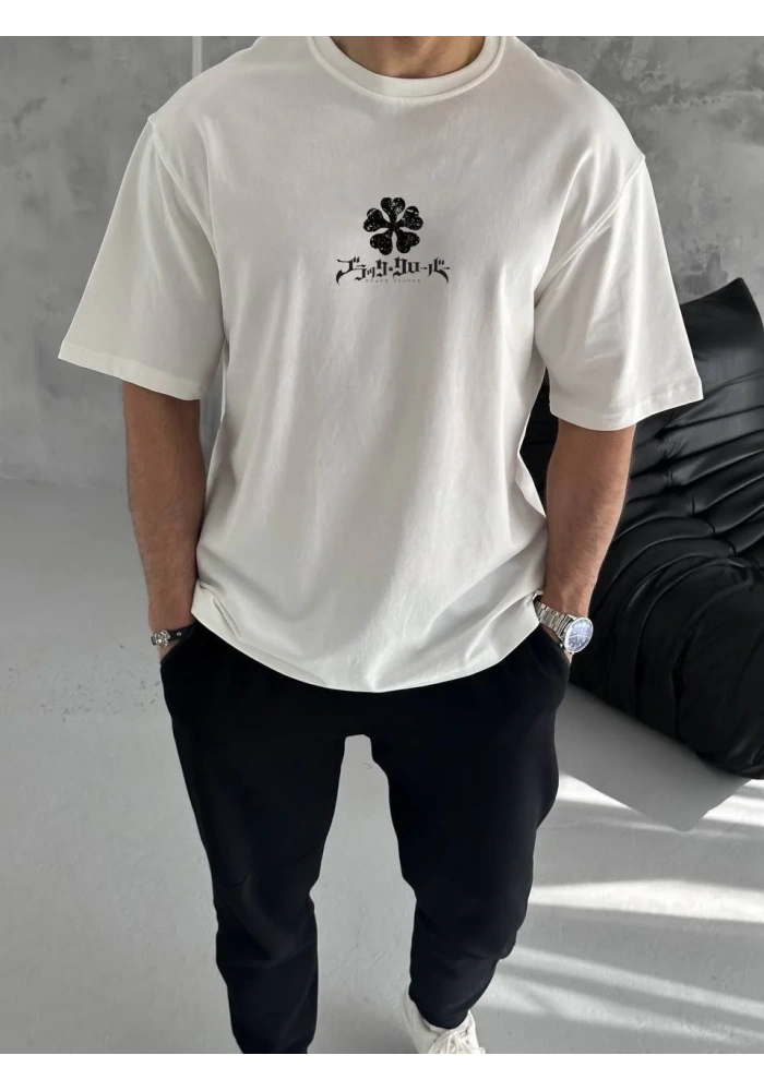 ERKEK Bisiklet Yaka Baskılı Oversize T-Shirt - Beyaz