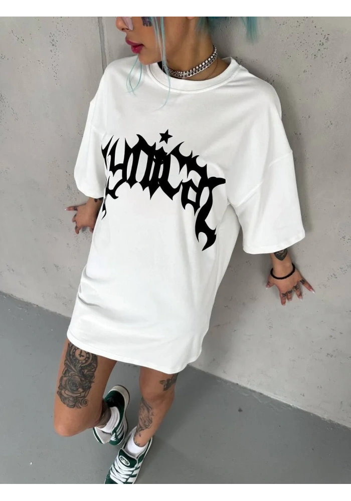 kadın Bisiklet Yaka Baskılı Oversize T-Shirt - Beyaz