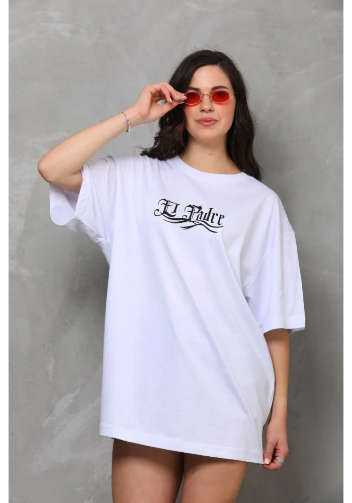 kadın Bisiklet Yaka Baskılı Oversize T-Shirt - Beyaz