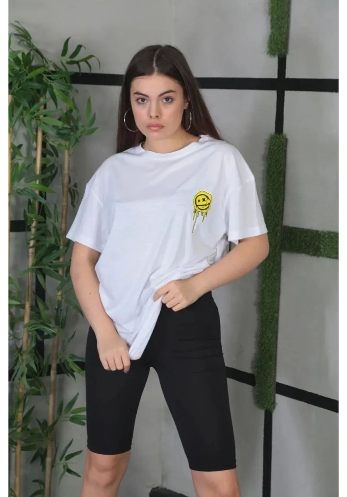 Kadın Bisiklet Yaka Baskılı Oversize T-Shirt - Beyaz