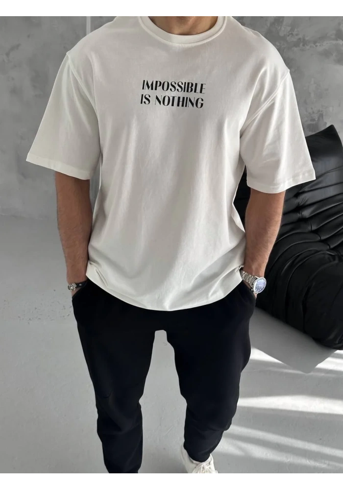 ERKEK  Bisiklet Yaka Baskılı Oversize T-Shirt - Beyaz