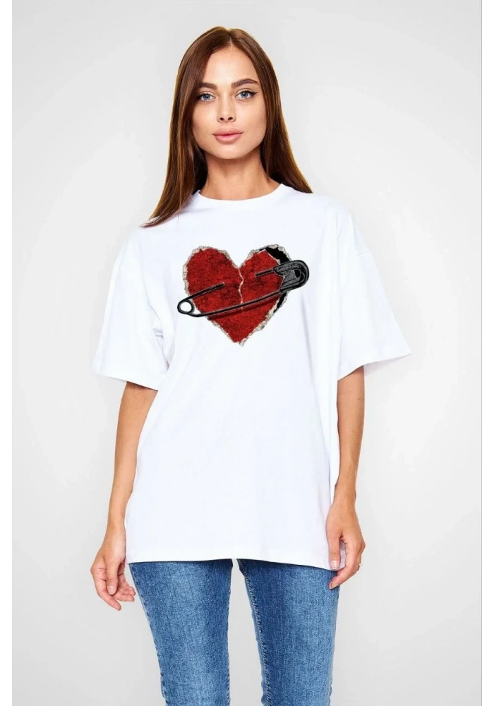 kadın Bisiklet Yaka Baskılı Oversize T-Shirt - Beyaz