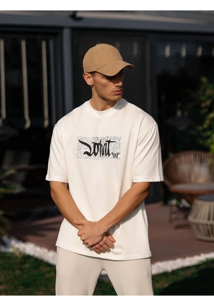 ERKEK Bisiklet Yaka Baskılı Oversize T-Shirt - Beyaz