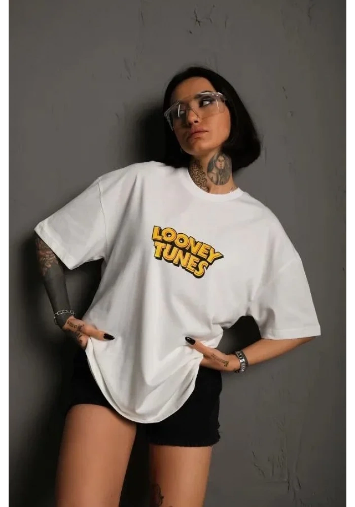 kadın Bisiklet Yaka Baskılı Oversize T-Shirt - Beyaz