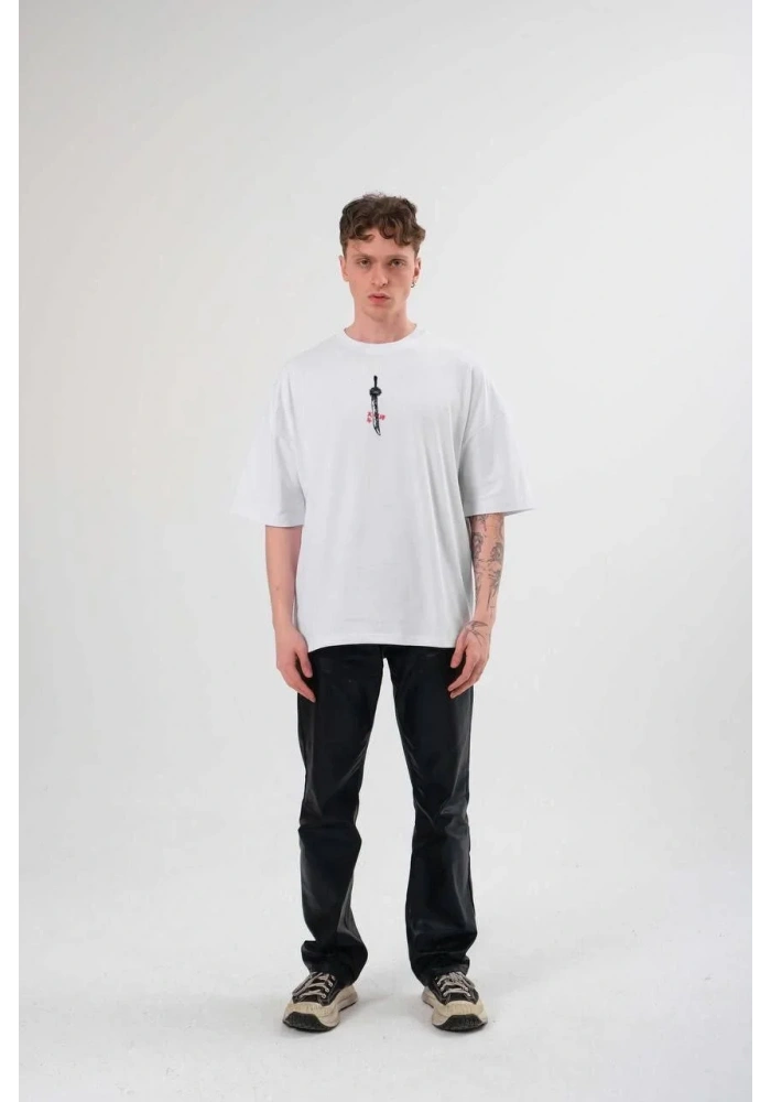 ERKEK Bisiklet Yaka ön ve sırt Baskılı Oversize T-Shirt - Beyaz