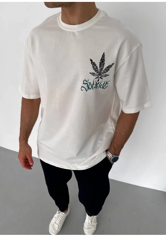 Erkek  Bisiklet Yaka Baskılı Oversize T-Shirt - Beyaz