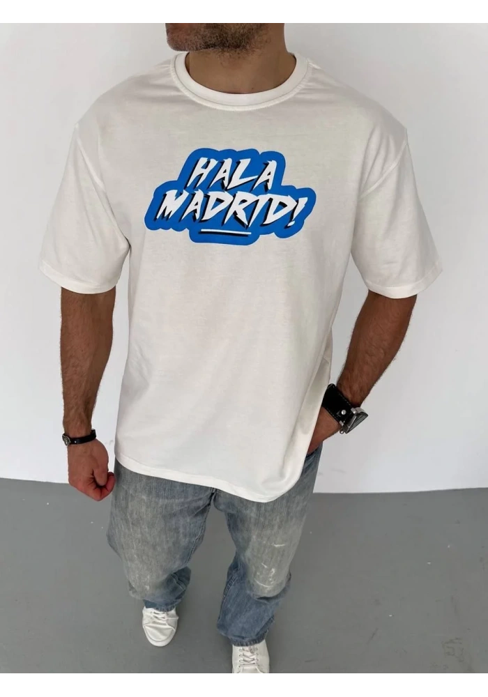Erkek  Bisiklet Yaka Baskılı Oversize T-Shirt - Beyaz
