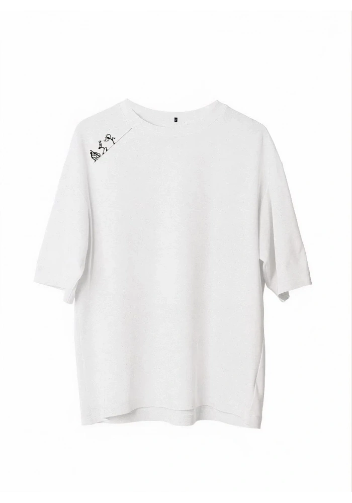 Erkek Bisiklet Yaka Baskılı Oversize T-Shirt - Beyaz