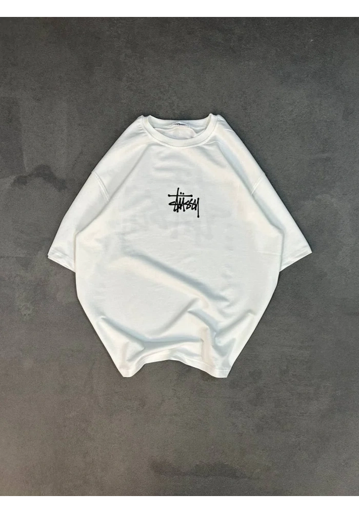 kadın  Bisiklet Yaka Baskılı Oversize T-Shirt - Beyaz