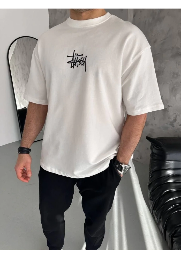 Bisiklet Yaka Baskılı Oversize T-Shirt - Beyaz