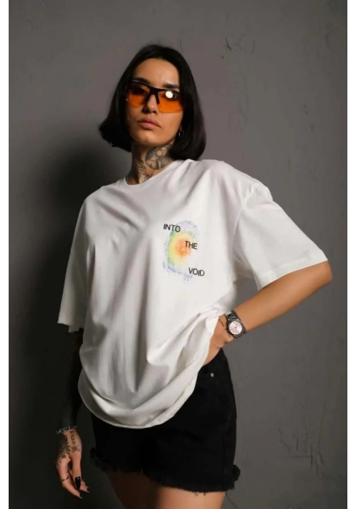 kadın Bisiklet Yaka Baskılı Oversize T-Shirt - Beyaz