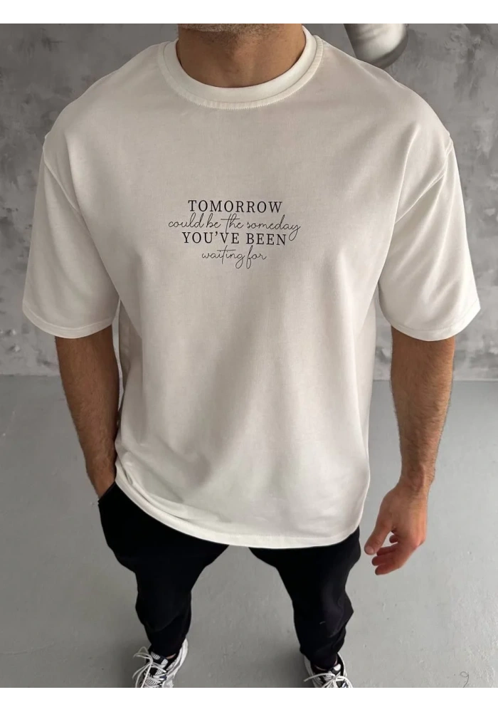 ERKEK Bisiklet Yaka Baskılı Oversize T-Shirt - Beyaz