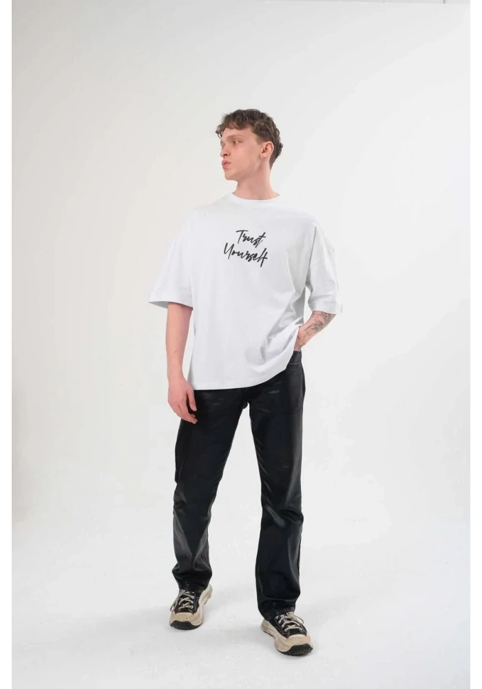 Erkek Bisiklet Yaka Baskılı Oversize T-Shirt - Beyaz