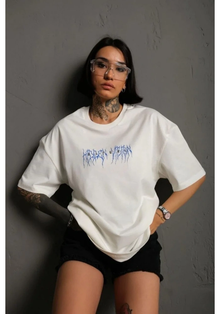 kadın Bisiklet Yaka Baskılı Oversize T-Shirt - Beyaz