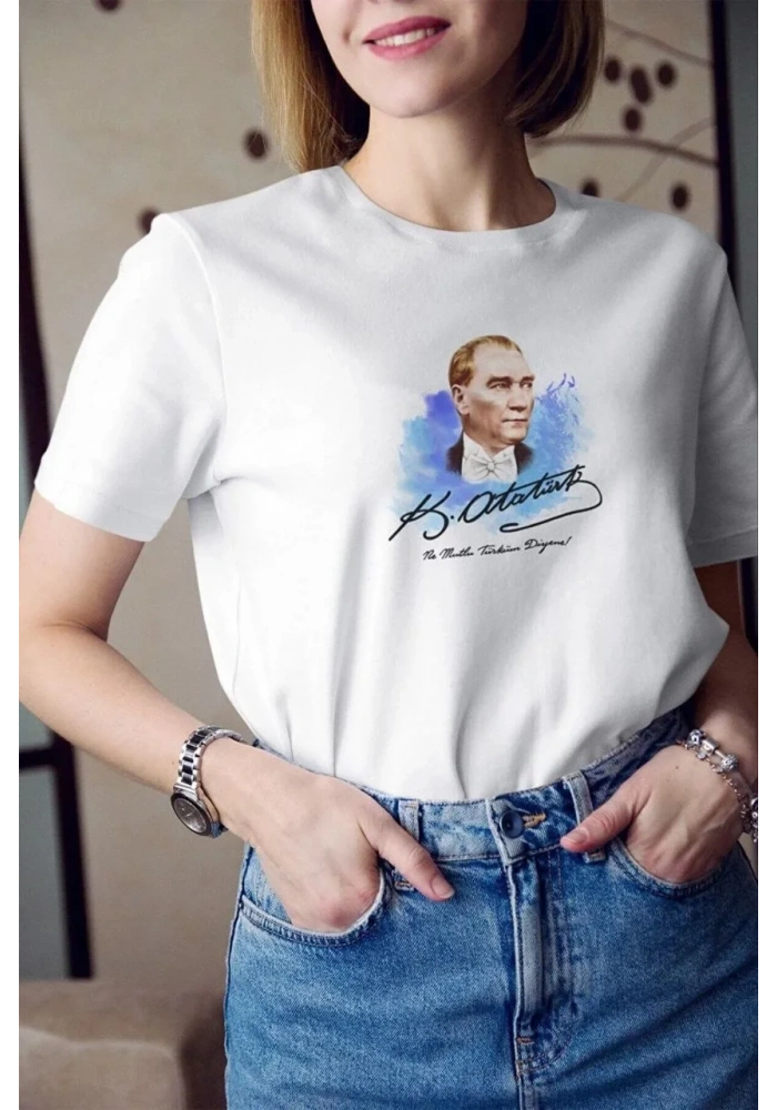 kadın  Bisiklet Yaka Baskılı Oversize T-Shirt - Beyaz