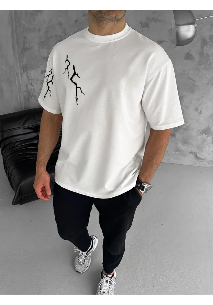 ERKEK Bisiklet Yaka kol ve arka Baskılı Oversize T-Shirt - Beyaz