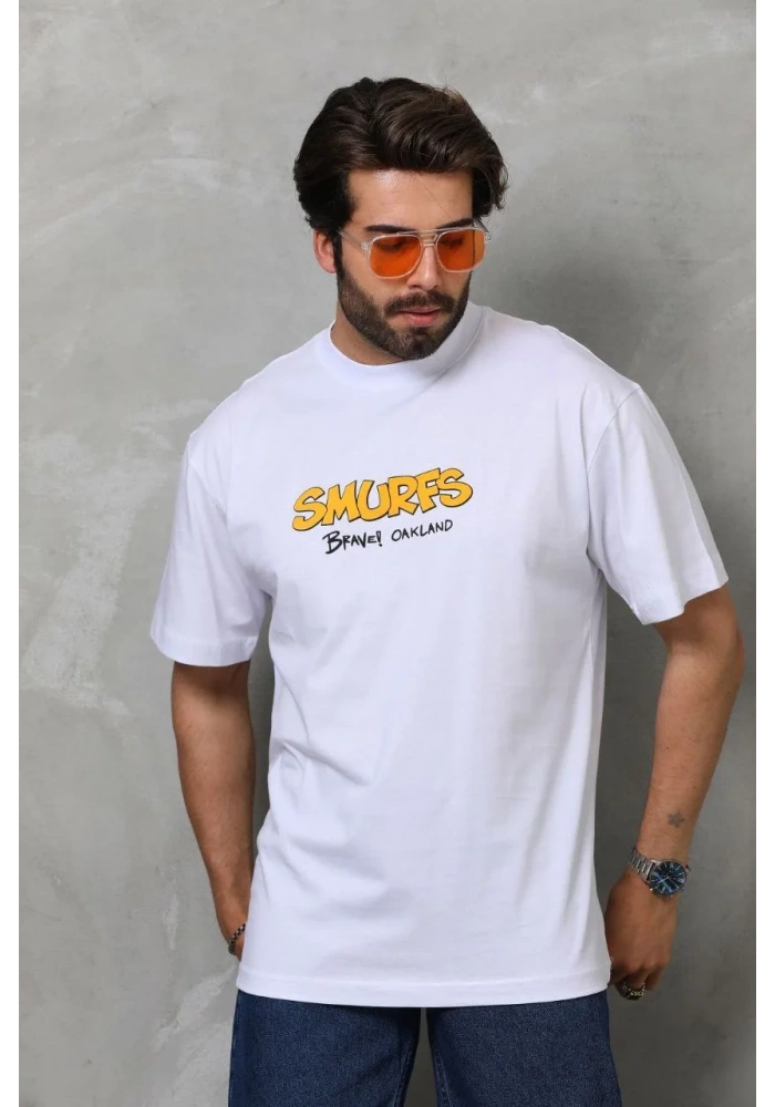 Erkek  Bisiklet Yaka Baskılı Oversize T-Shirt - Beyaz