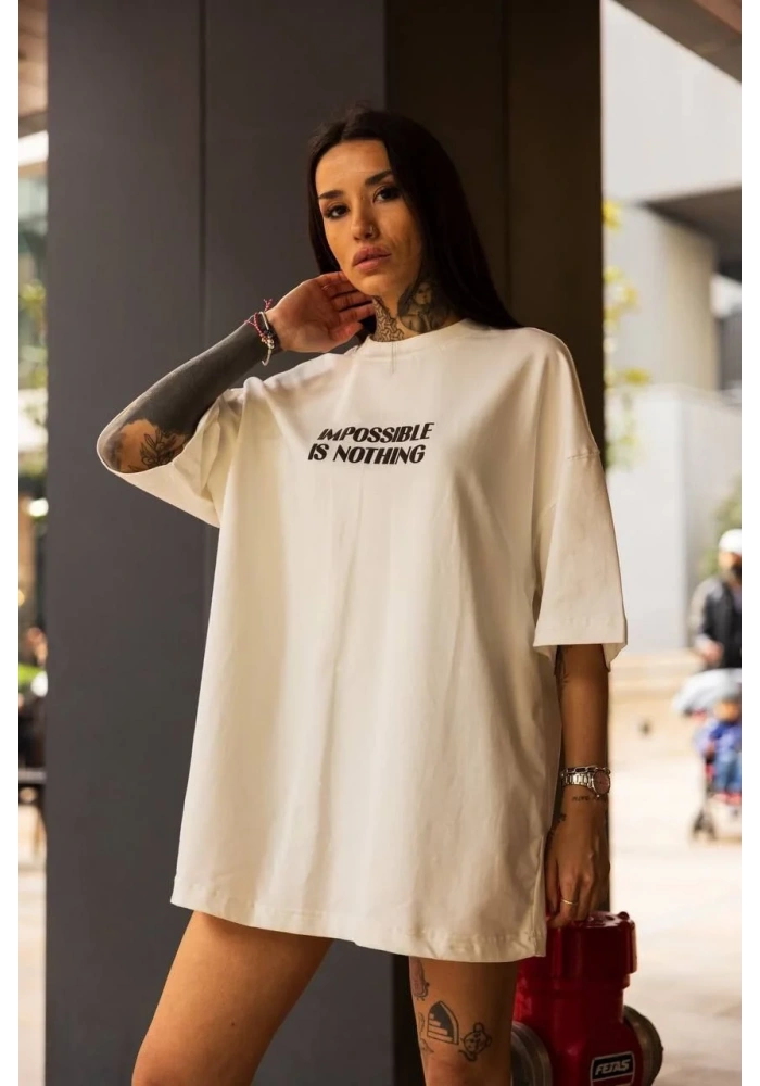 kadın Bisiklet Yaka Baskılı Oversize T-Shirt - Beyaz