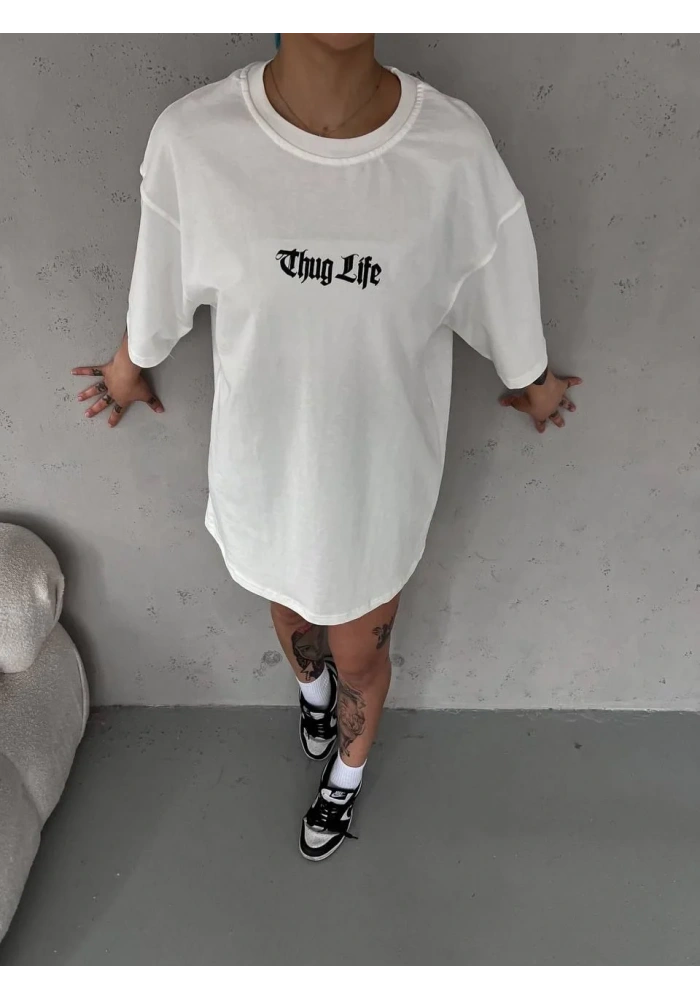 kadın  Bisiklet Yaka Baskılı Oversize T-Shirt - Beyaz