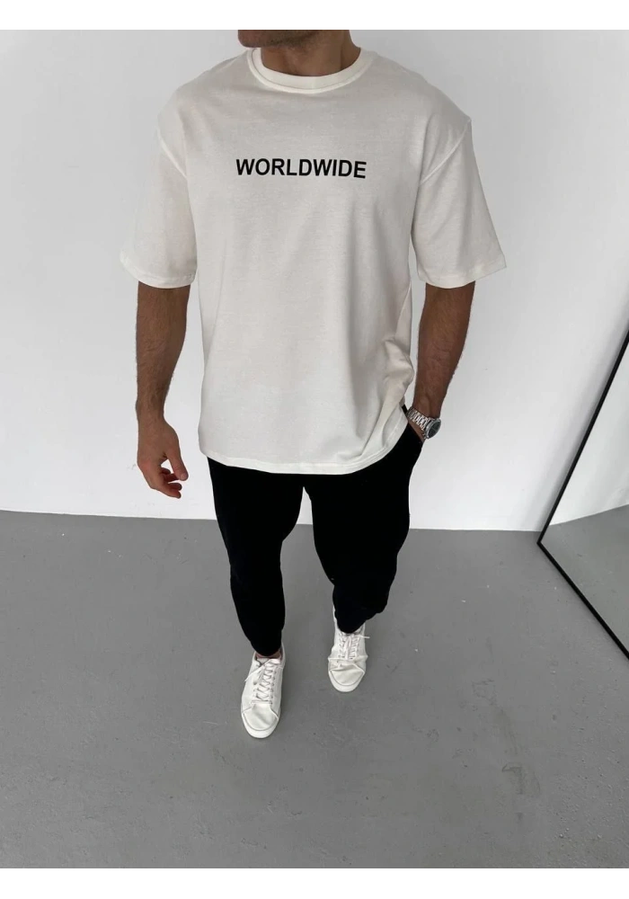 Erkek Bisiklet Yaka Baskılı Oversize T-Shirt - Beyaz
