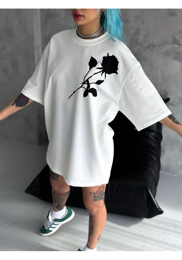 kadın  Bisiklet Yaka Baskılı Oversize T-Shirt - Beyaz