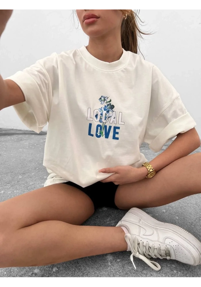 kadın Bisiklet Yaka Baskılı oversize T-Shirt - Beyaz