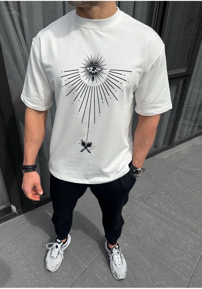 ERKEK  Bisiklet Yaka Baskılı Oversize T-Shirt - Beyaz