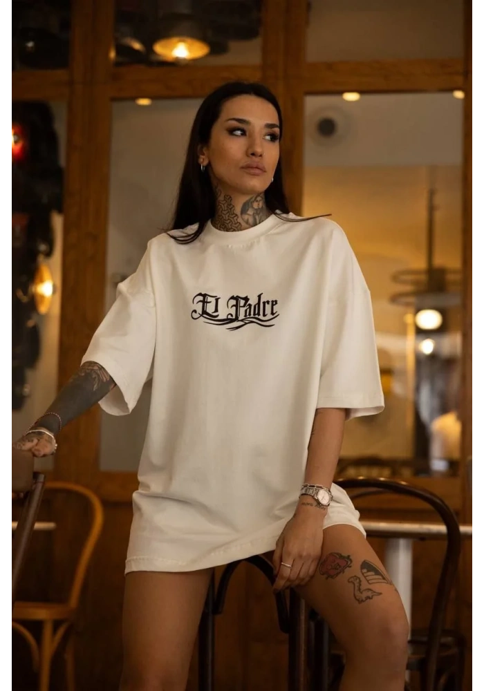 kadın  Bisiklet Yaka Baskılı Oversize T-Shirt - Beyaz