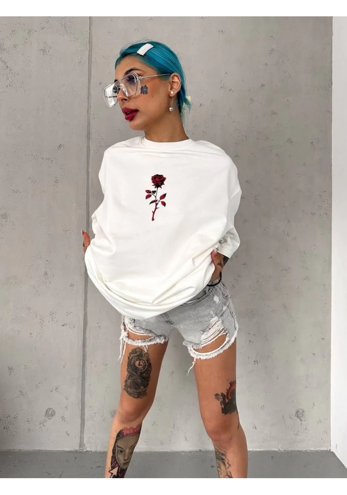 kadın Bisiklet Yaka Baskılı Oversize T-Shirt - Beyaz