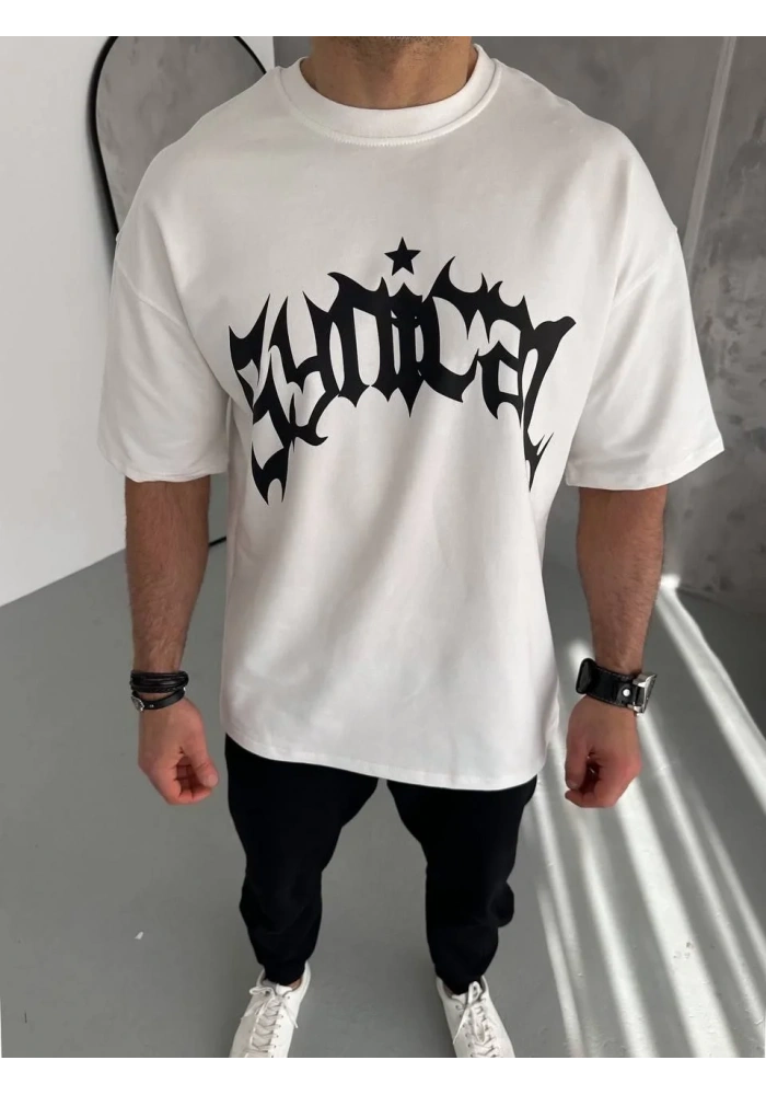 ERKEK Bisiklet Yaka Baskılı Oversize T-Shirt - Beyaz