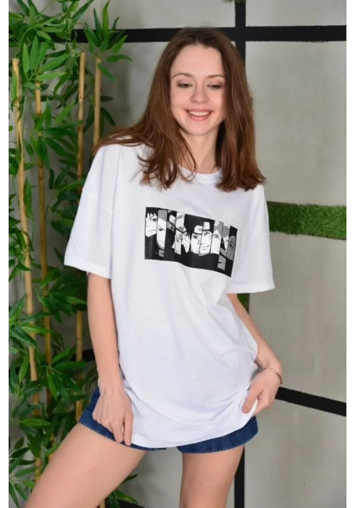 Kadın Bisiklet Yaka Baskılı Oversize T-Shirt - Beyaz