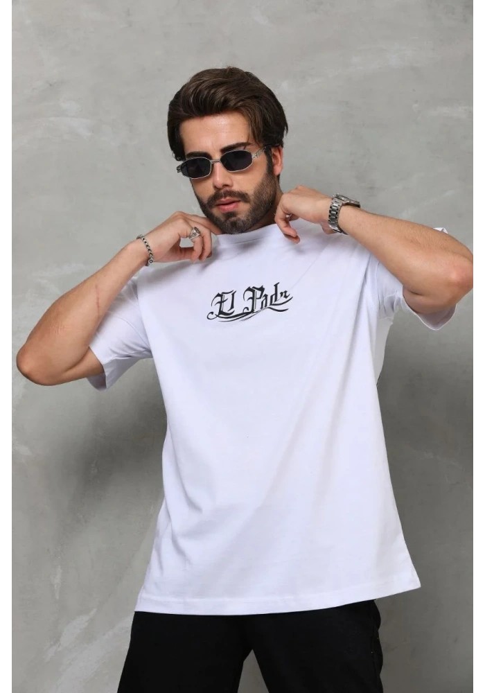 Erkek Bisiklet Yaka Baskılı Oversize T-Shirt - Beyaz