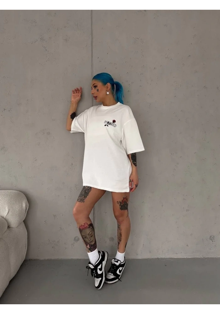 kadın Bisiklet Yaka Baskılı Oversize T-Shirt - Beyaz