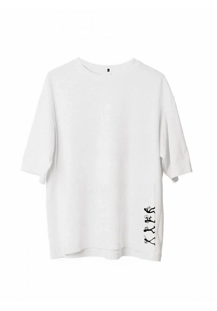 Erkek  Bisiklet Yaka Baskılı Oversize T-Shirt - Beyaz