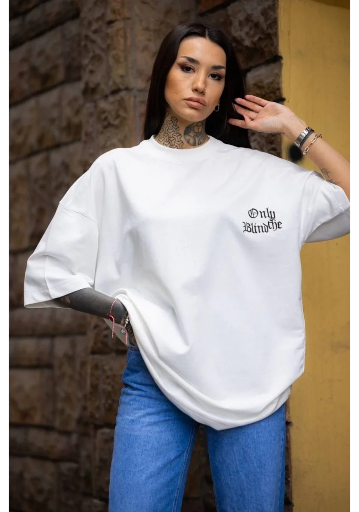 kadın Bisiklet Yaka Baskılı Oversize T-Shirt - Beyaz